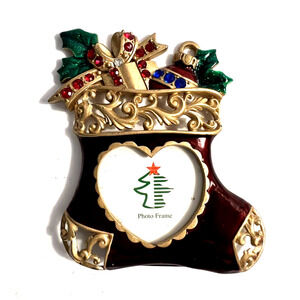 Holiday Home Brass Christmas Stocking Enameled Rhinestone Picture Photo Frame